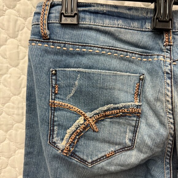 Petrol Distressed Denim Jeans 29x34 bootcut flare Low Rise Size 8 - Picture 9 of 16
